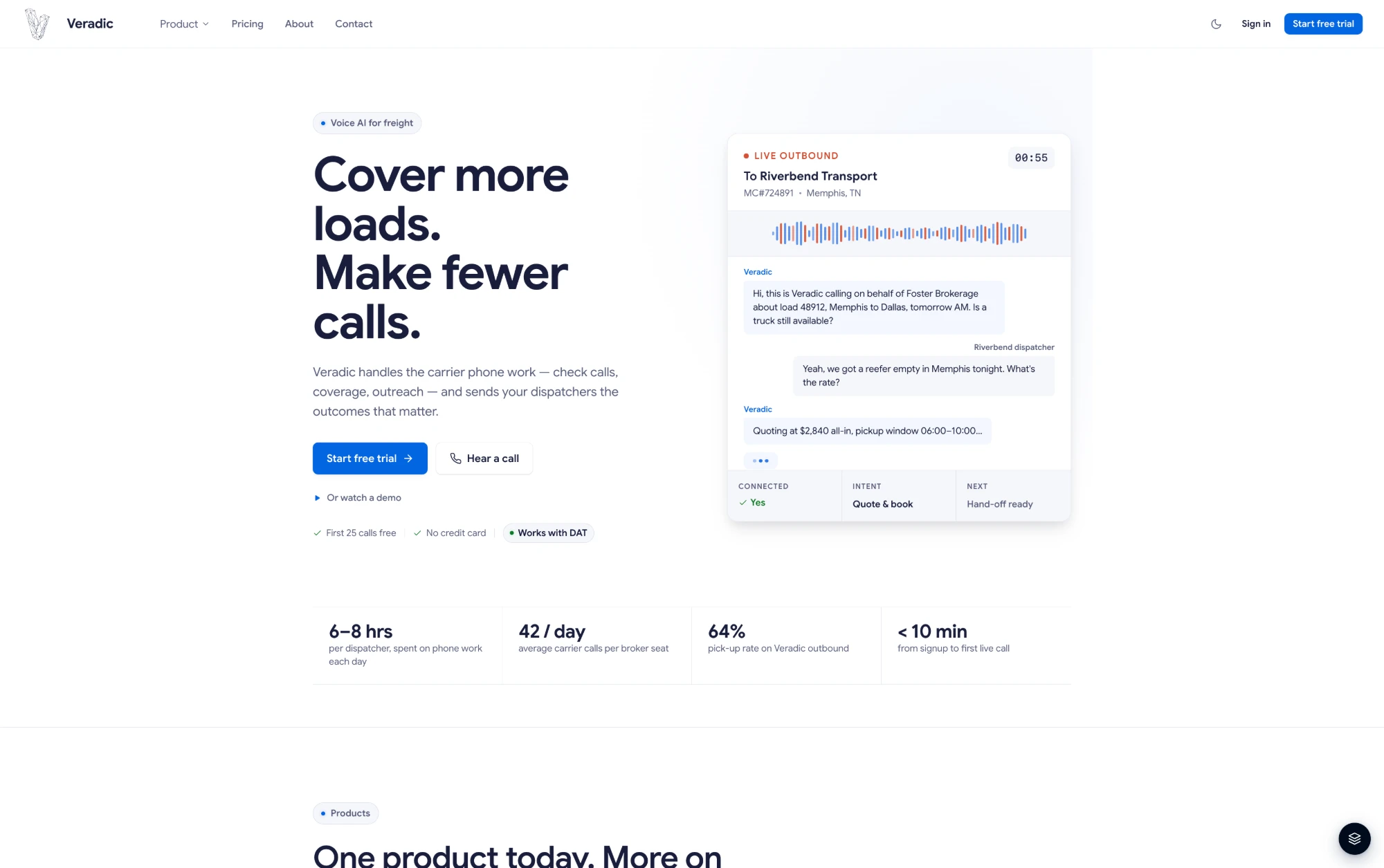 Marketing site — hero with live outbound call demo