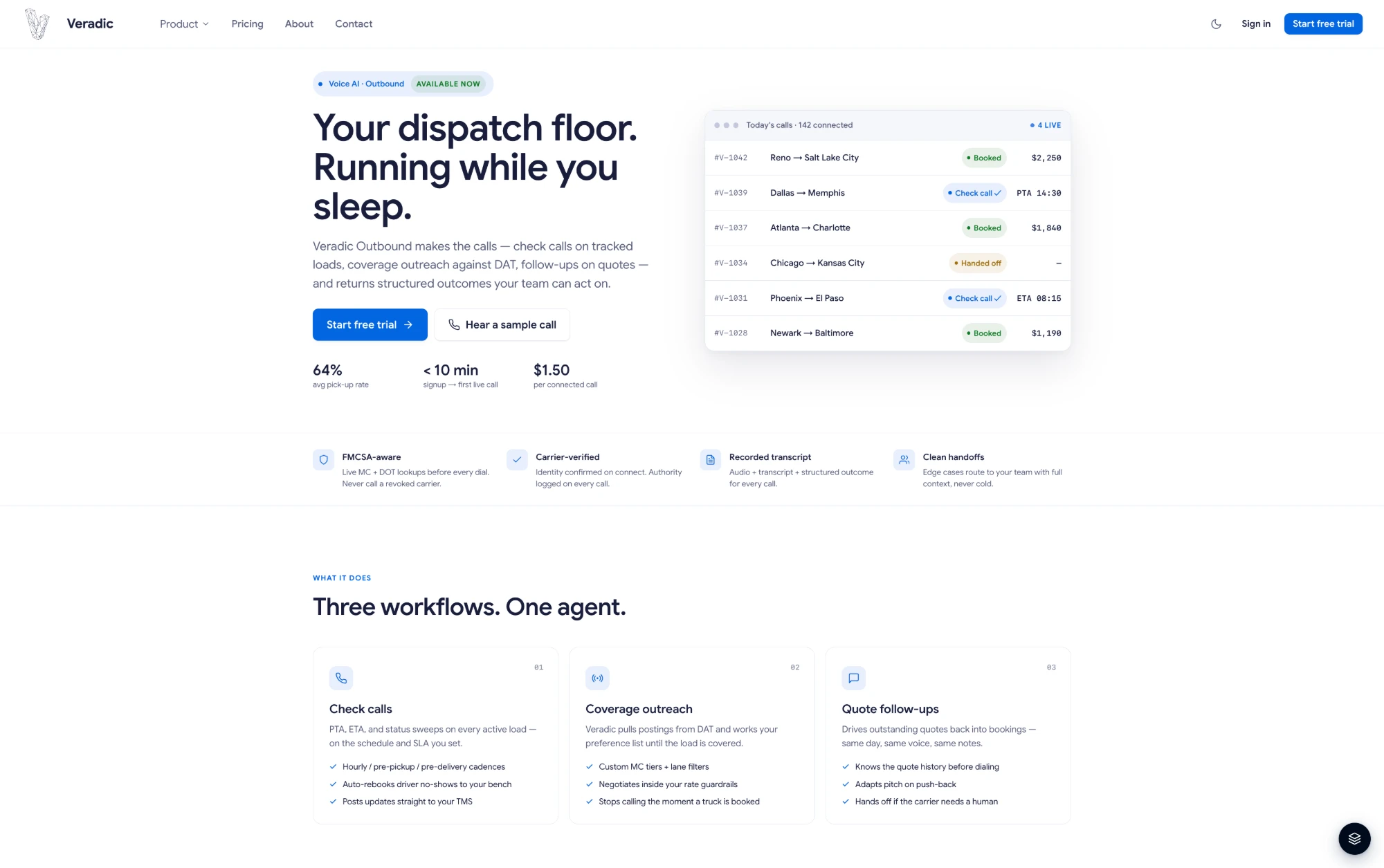 Veradic Outbound product page — three workflows, one agent