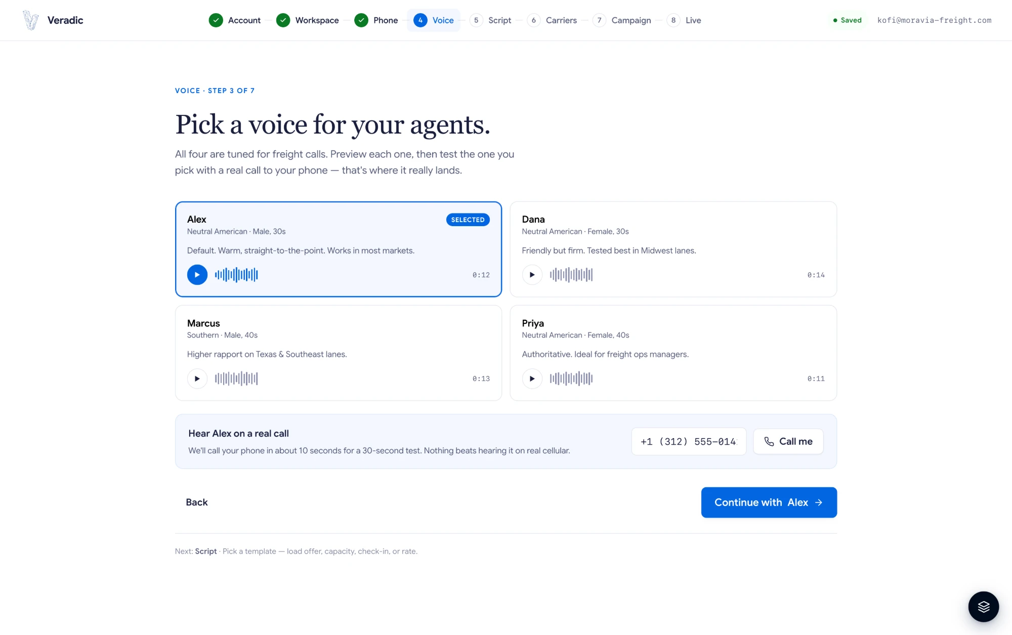 Onboarding — voice selection with live test call