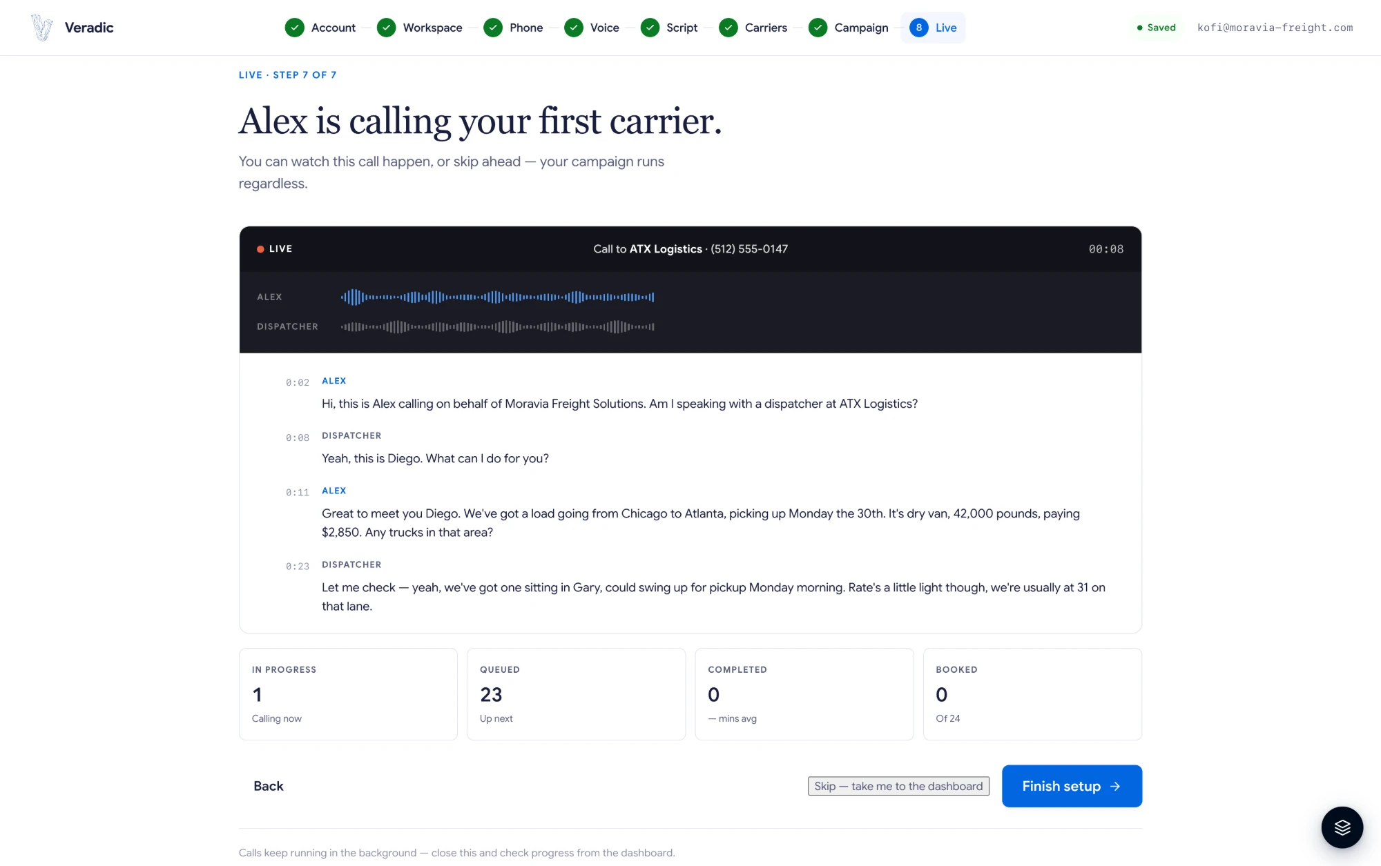 Onboarding — the AI making your first live carrier call