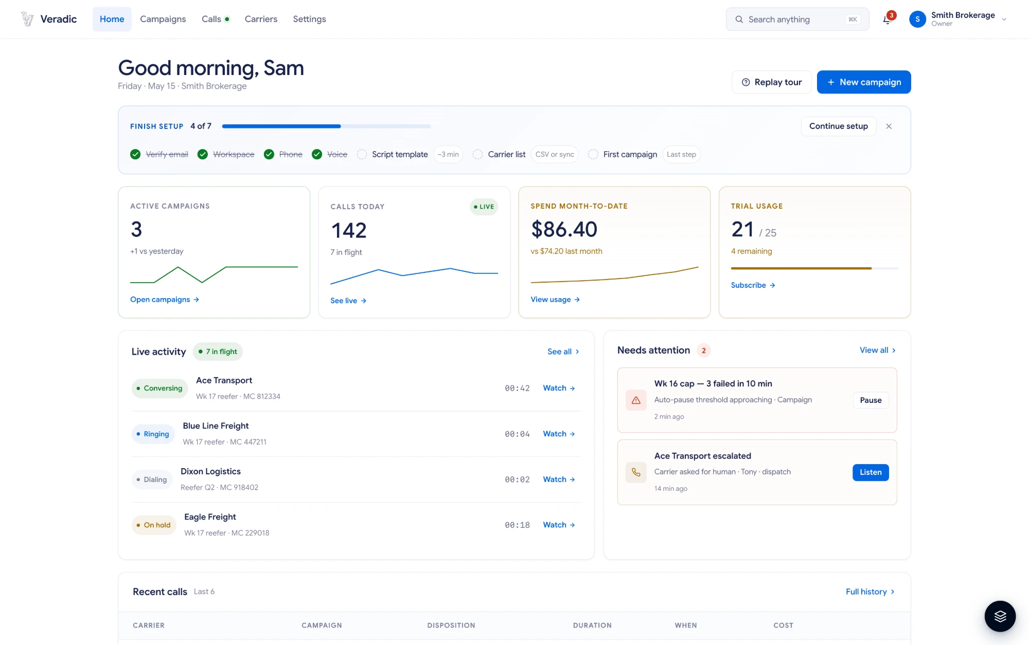 Broker dashboard — live activity and needs-attention queue