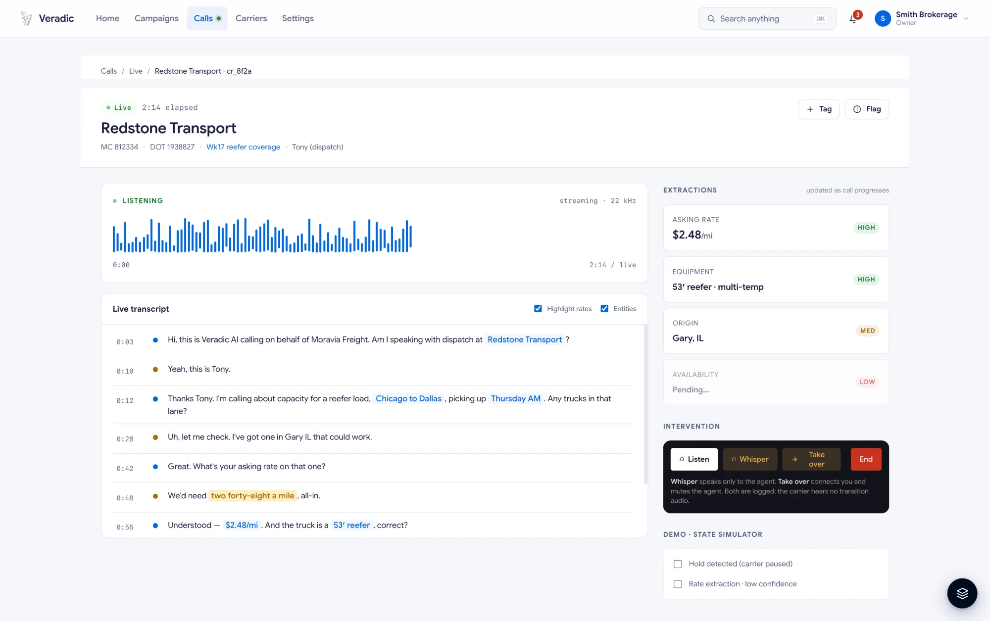 Live call view — streaming transcript with entity extraction and intervention controls