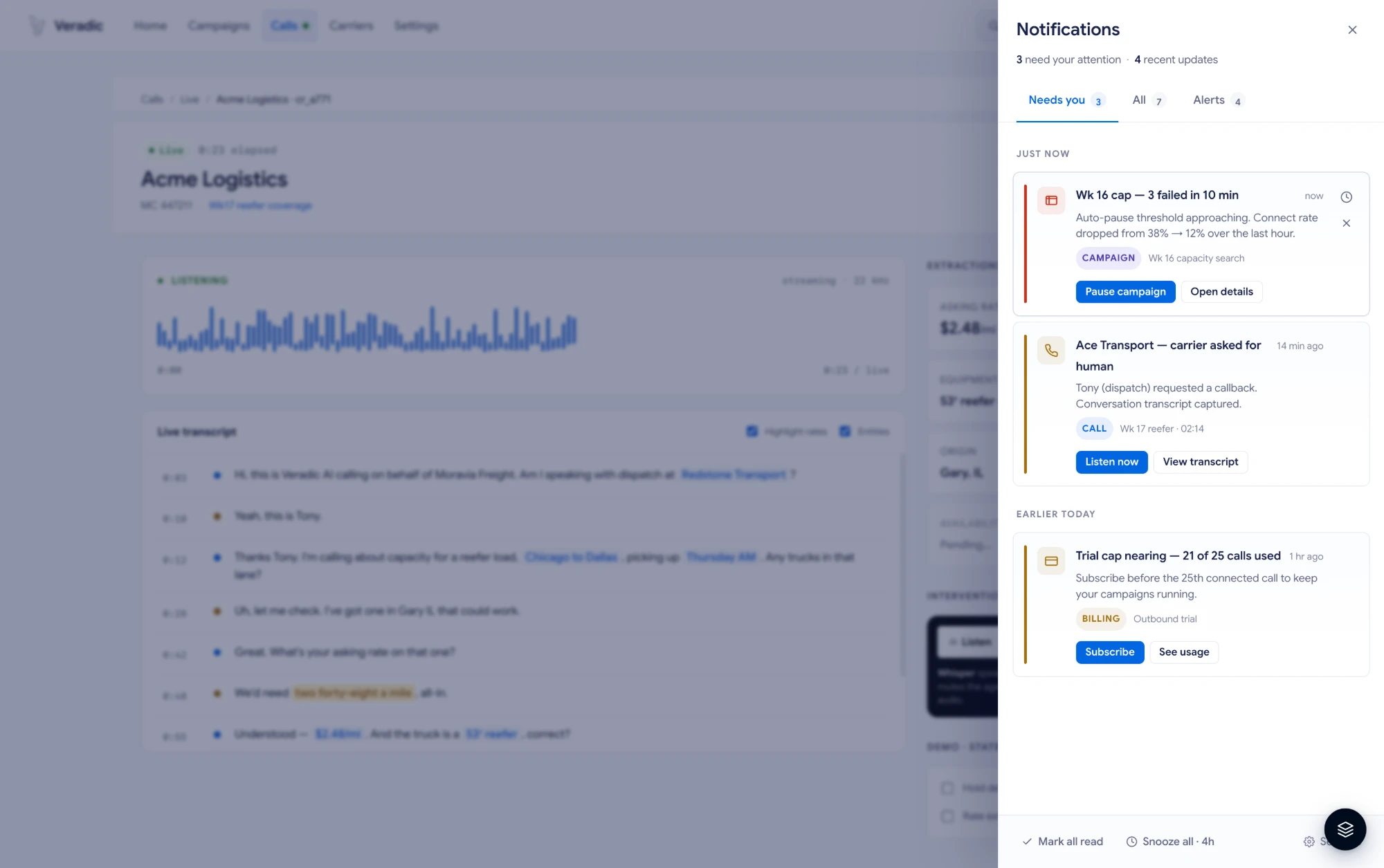 Notifications center — needs-you queue with inline actions