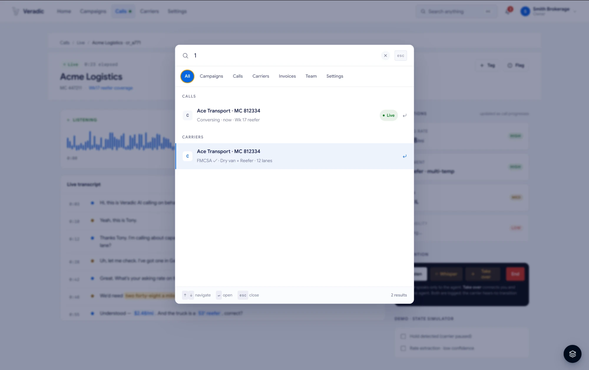 Command palette — search across calls, carriers, campaigns